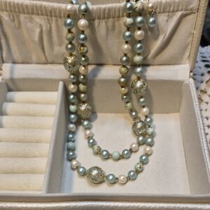 Elegant Vintage Teal And White Faux Pearl Necklace with Gold Accents From Japan